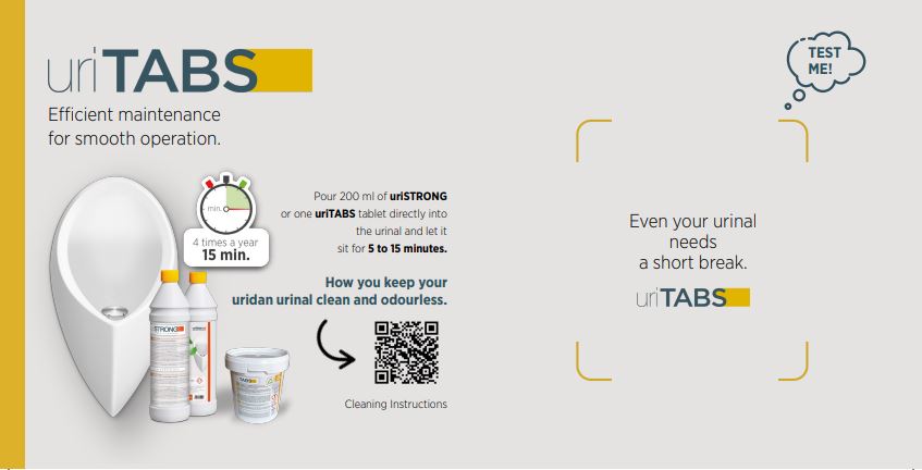 uriTABS descaling and cleaning tablets for use in waterless urinals and sanitary areas.